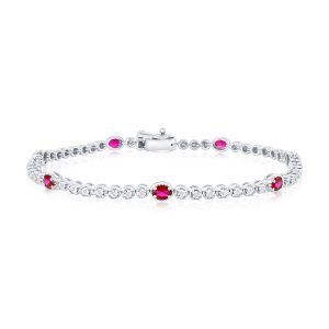 Sterling Silver, Lab-Grown 1.40ct Oval Ruby & 0.09ct Natural Diamond Bracelet - (56 Stones)