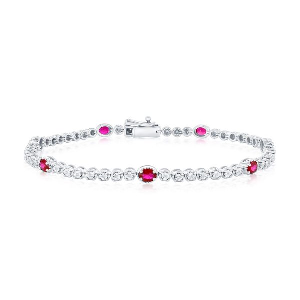 Sterling Silver, Lab-Grown 1.40ct Oval Ruby & 0.09ct Natural Diamond Bracelet - (56 Stones)