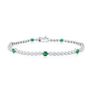Sterling Silver, Lab-Grown 1.14ct Oval Emerald & 0.09ct Natural Diamond Bracelet - (56 Stones)