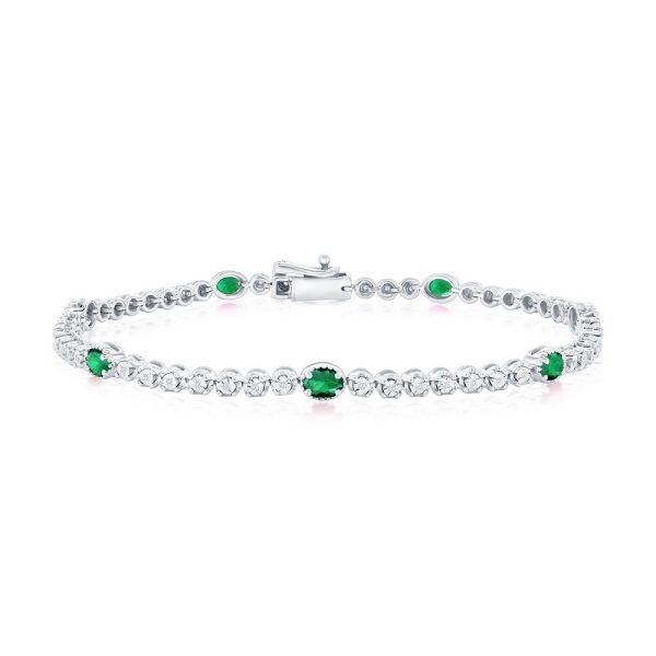Sterling Silver, Lab-Grown 1.14ct Oval Emerald & 0.09ct Natural Diamond Bracelet - (56 Stones)