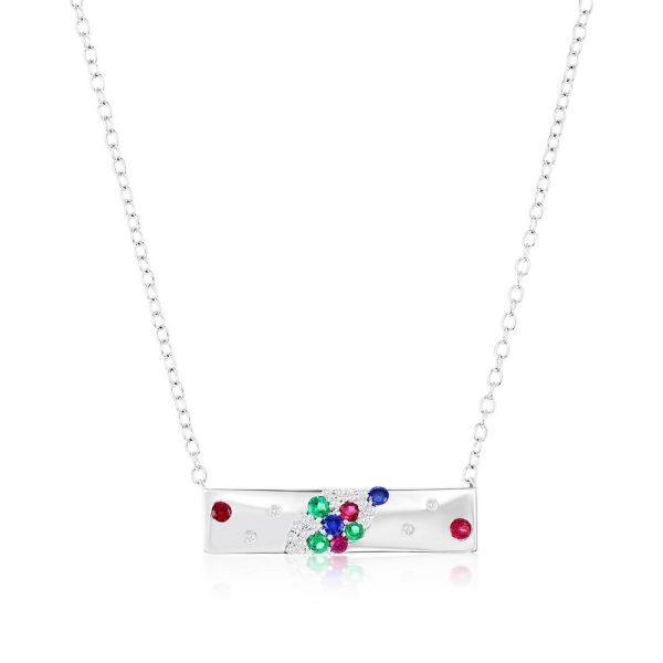 Sterling Silver, Lab-Grown Gem & Natural Diamond Bar Necklace - (28 Stones)