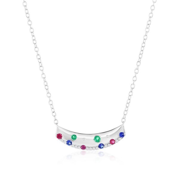Sterling Silver, Lab-Grown Gem & Natural Diamond Curved Bar Necklace - (23 Stones)
