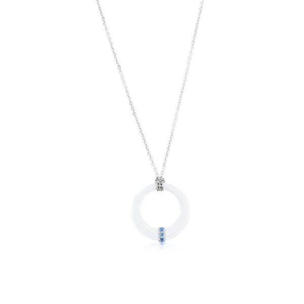 Sterling Silver Round Gray Enamel Pendant w/Chain - Blue CZ