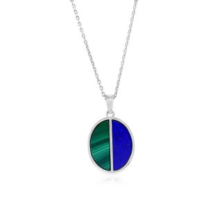 Sterling Silver, Malachite & Lapis Oval Pendant