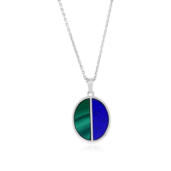 Sterling Silver, Malachite & Lapis Oval Pendant