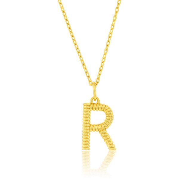 Sterling Silver, Rigid Design 'R' Initial Necklace - Gold Plated
