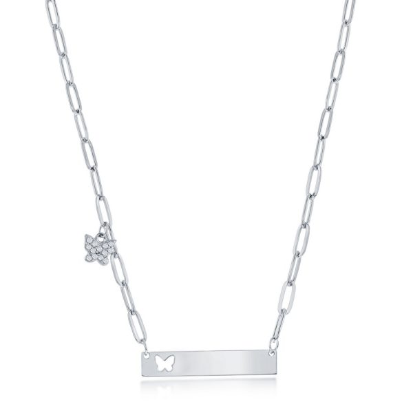 Sterling Silver, CZ Paperclip Bar Neckace - Butterfly Charm