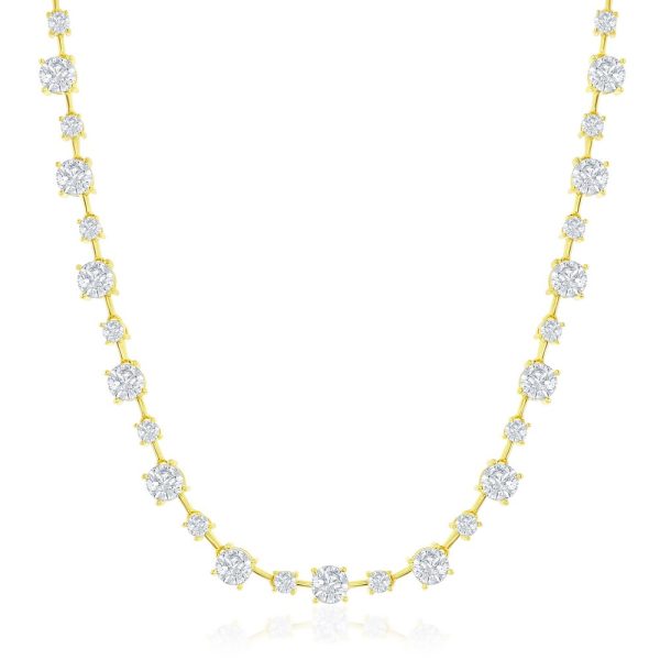 Sterling Silver 3 & 5mm Round CZ 4-Prong Necklace - Gold Plated