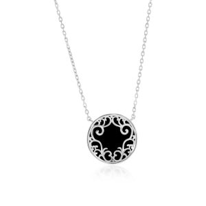 Sterling Silver Round Onyx Filigree Design Necklace