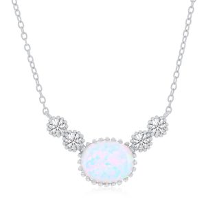 Sterling Silver, Oval White Opal & Round CZ Beaded Outline Necklace