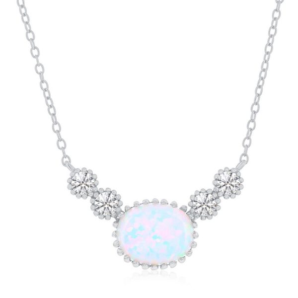 Sterling Silver, Oval White Opal & Round CZ Beaded Outline Necklace