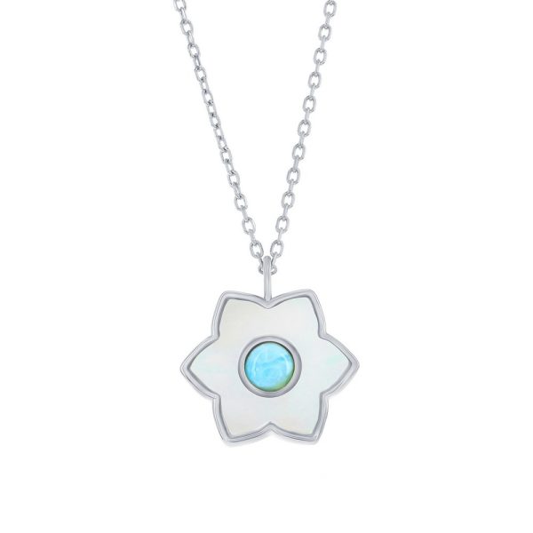 Sterling Silver, Larimar & MOP Flower Necklace