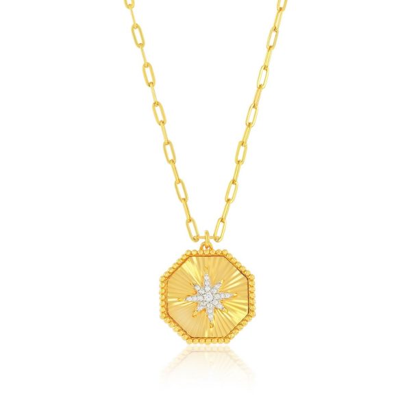 Sterling Silver, Center North Star CZ, Octagon Necklace - Gold Plated