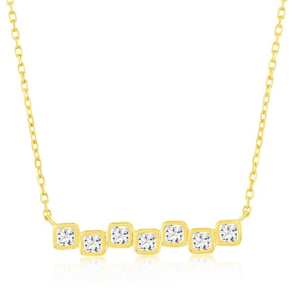 Sterling Silver, Square Bezel-Set CZ Bar Necklace - Gold Plated