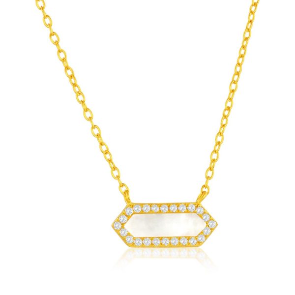 Sterling Silver, Hexagon MOP, CZ Border Necklace - Gold Plated