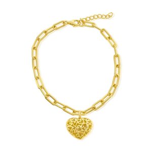 Sterling Silver, Rope & Polished Paperclip, Puffed Heart Bracelet - Gold Plated