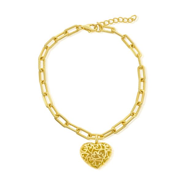 Sterling Silver, Rope & Polished Paperclip, Puffed Heart Bracelet - Gold Plated