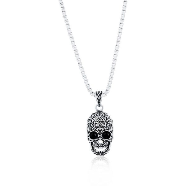 Stainless Steel Oxidized Skull & Black CZ Eyes, Necklace