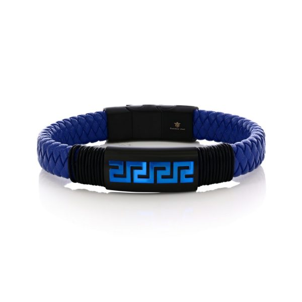 Stainless Steel, Braided Leather Greek Key Bracelet - Blue