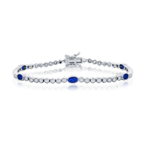 Sterling Silver, Beaded Outline Round & Oval CZ Bracelet - Sapphire