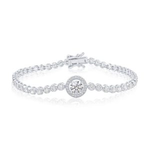 Sterling Silver, Round Halo CZ Tennis Bracelet