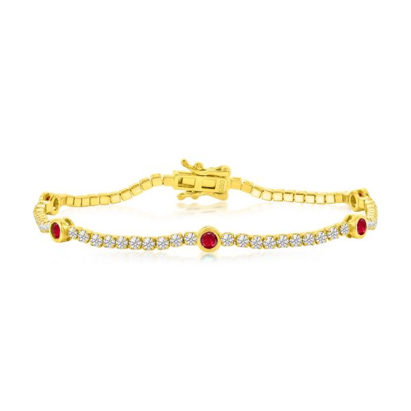 Sterling Silver, Bezel-Set CZ Gold Plated Bracelet - Ruby
