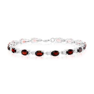 Sterling Silver, Oval 8.80ct Garnet & 0.64ct White Topaz Gem Bracelet