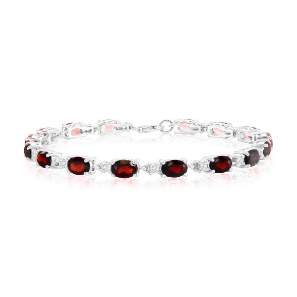 Sterling Silver, Oval 8.80ct Garnet & 0.64ct White Topaz Gem Bracelet