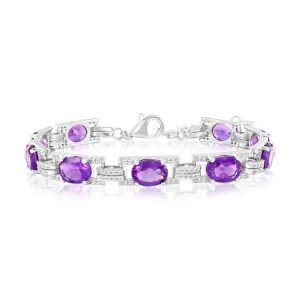 Sterling Silver, Oval & White Topaz Link Bracelet - Amethyst (11.87cttw)