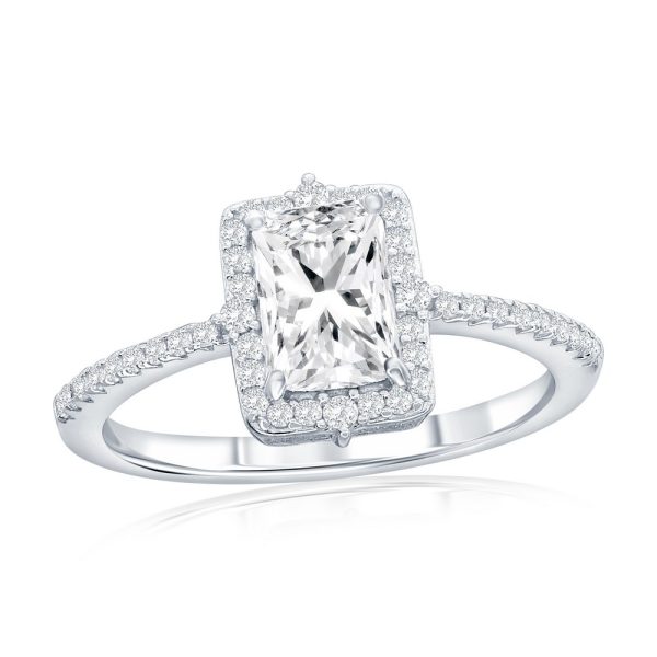 Sterling Silver, Emerald-Cut Halo CZ Engagement Ring