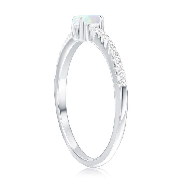 Sterling Silver, Oval White Opal & CZ Ring