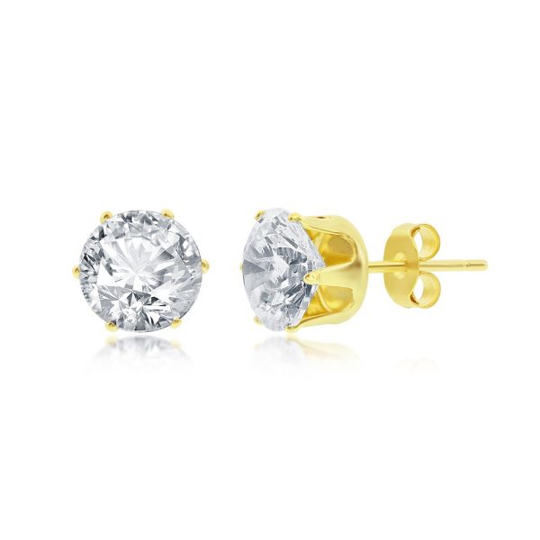 Sterling Silver, 8mm Round CZ Stud Earring - Gold Plated