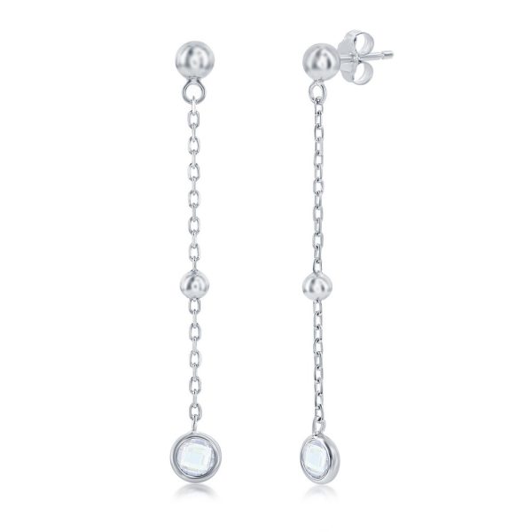 Sterling Silver, Bezel-Set CZ & Bead Chain Earrings - White