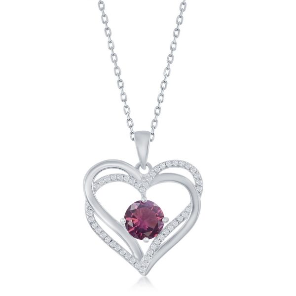 Sterling Silver Double Heart "February" Birthstone CZ Pendant w/Chain - Amethyst CZ