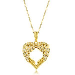 Sterling Silver, Angel Wings Heart Pendant - Gold Plated