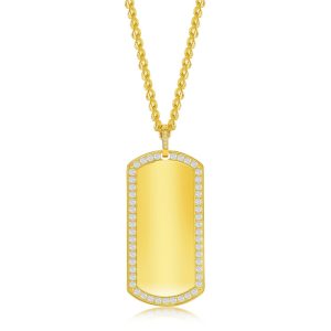 Stainless Steel CZ Dog Tag ID Necklace - Gold Plated