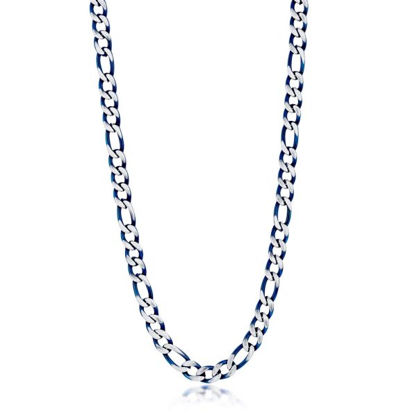Stainless Steel 7mm Figaro Chain Necklace - Brushed & Blue IP Plated