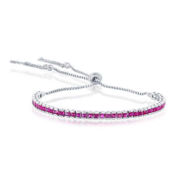 Sterling Silver Tennis Channel-Set CZ Adjustable Bolo Tassel Bracelet - Ruby CZ