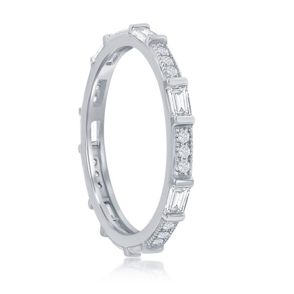 Sterling Silver, Alternating Micro Pave and Baguette CZ Eternity Ring