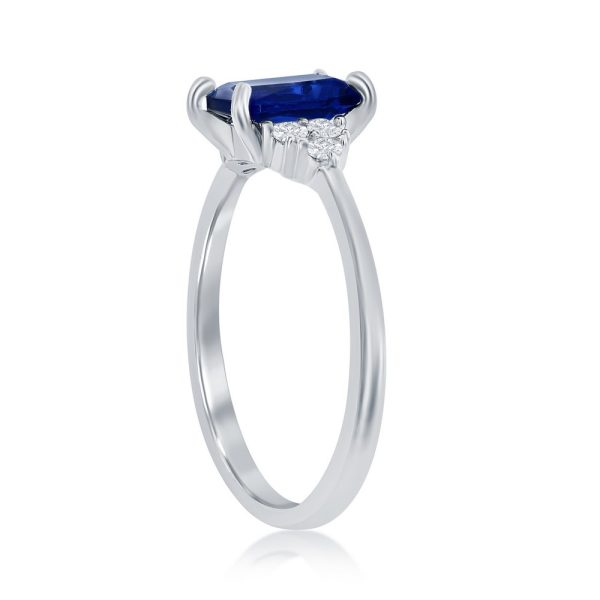 Sterling Silver Sapphire CZ & White CZ Cluster Side Stones Ring