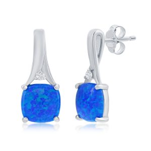 Sterling Silver, Blue Opal & CZ Earrings