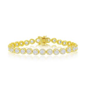 Sterling Silver, 6MM Round Halo CZ Tennis Bracelet - Gold Plated
