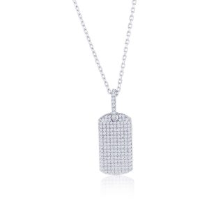 Sterling Silver, Dog Tag Diamond Pendant w/Chain - (153 Stones)