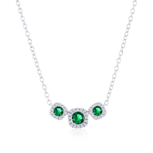 Sterling Silver, Lab-Grown 0.28ct Emerald & 0.07ct Natural Diamond Necklace - (43 Stones)