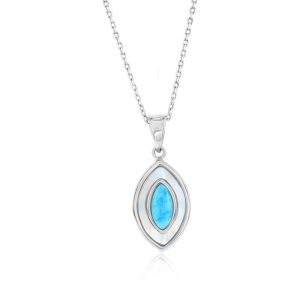 Sterling Silver, MOP & Larimar Marquise Pendant