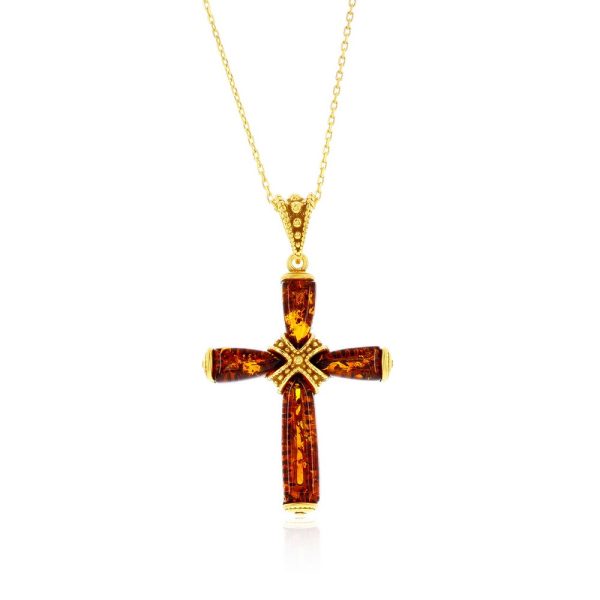 Sterling Silver, Amber Cross Pendant - Gold Plated