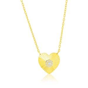 Sterling Silver, Diamond-Cut Center Pave CZ Heart Necklace - Gold Plated