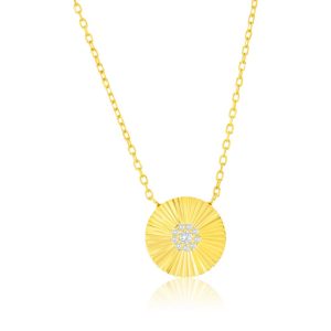 Sterling Silver, Diamond-Cut Center Pave CZ Circle Necklace - Gold Plated