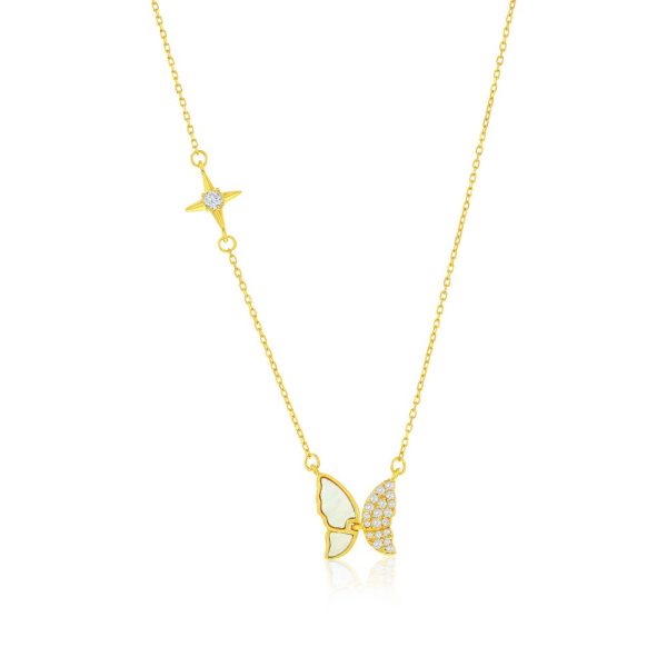 Sterling Silver, MOP & CZ Butterfly Necklace - Gold Plated