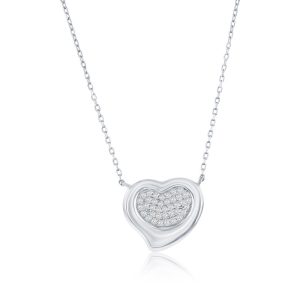 Sterling Silver, Puffed Polished & Pave CZ Heart Necklace